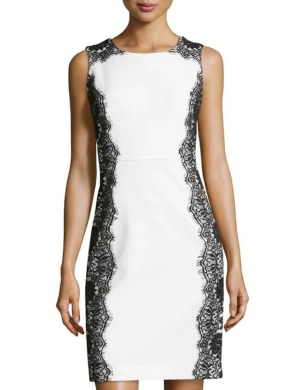 CHETTA B Sleeveless Lace Detail Ivory Black Sheath Dress